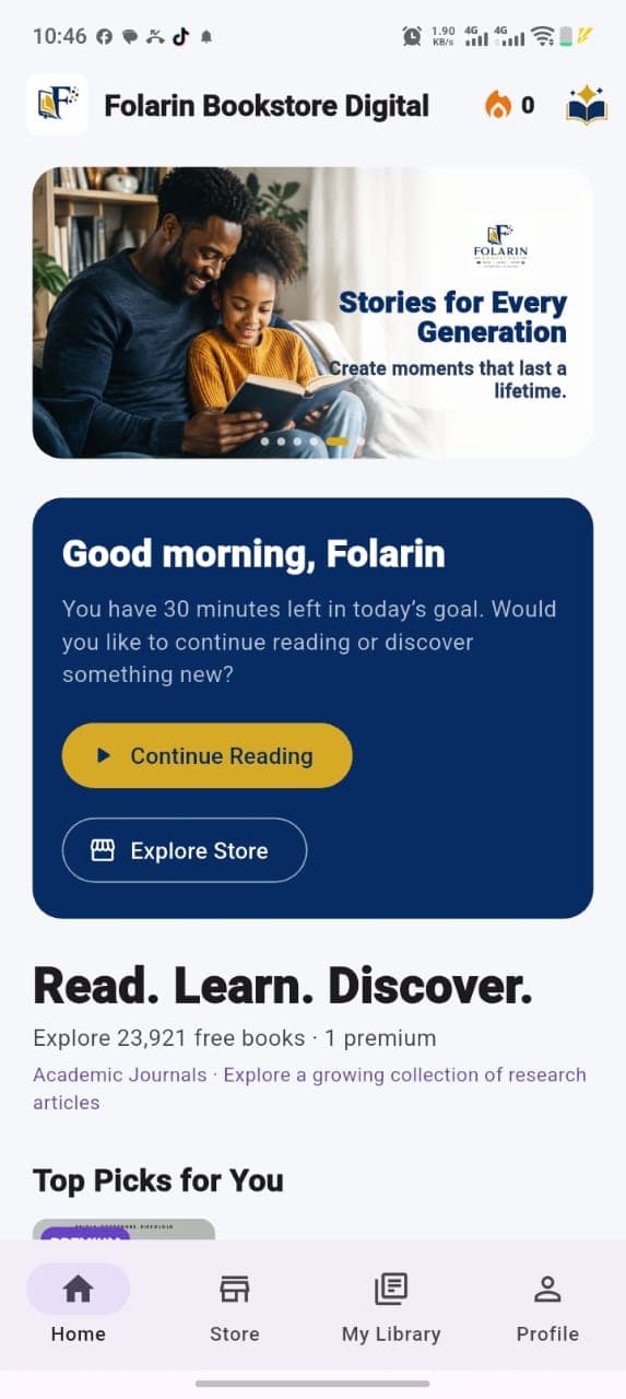 Folarin Bookstore Android phone home screen with reading goal, free books and library navigation