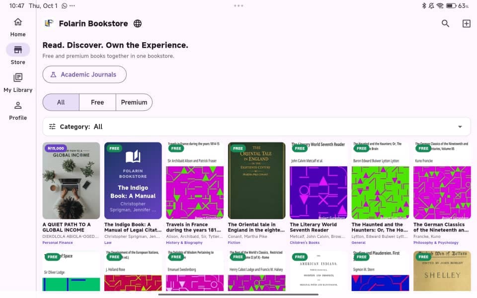 Folarin Bookstore catalogue on an Android tablet, showing free and premium books